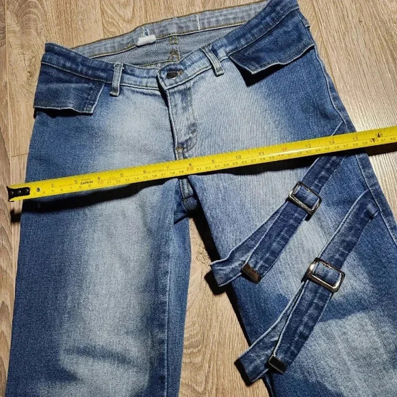 Tall Y2K bleached dark wash flared jeans with thigh buckles ✦ XXS - Picture 5 of 7